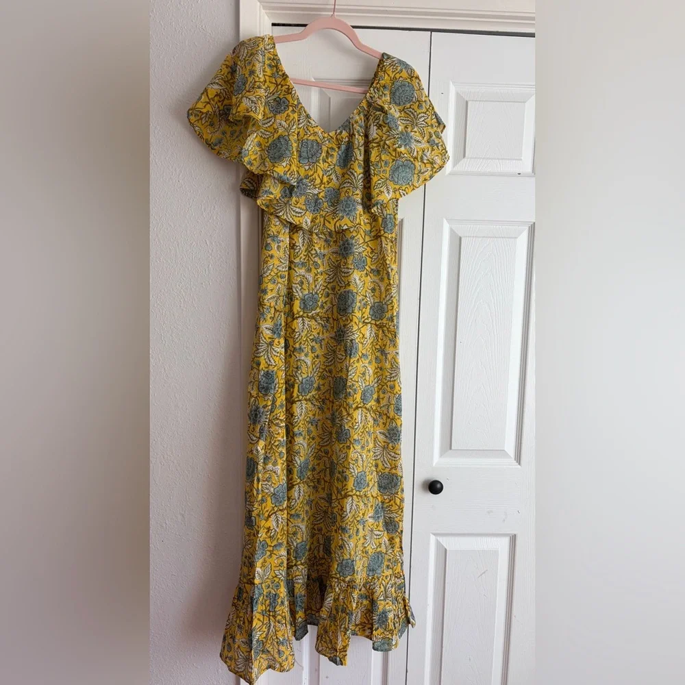 MILLE Resort & Travel Juliet Yellow Blue Floral Ruffle Maxi Summer Cotton Dress